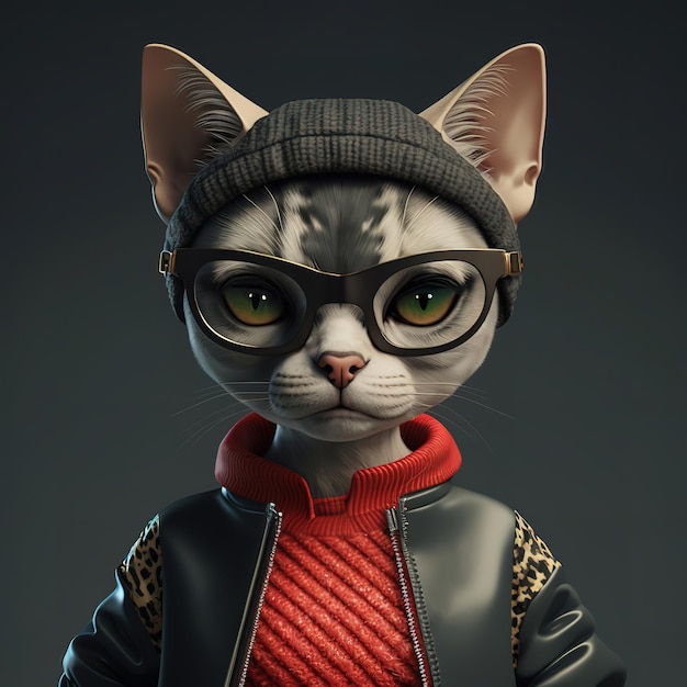 Gato con gafas vistiendo un suéter rojo y una chaqueta negra