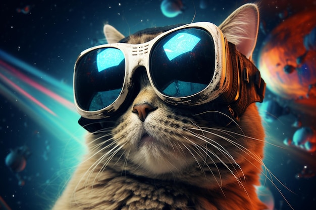 Gato con gafas VR en el espacio