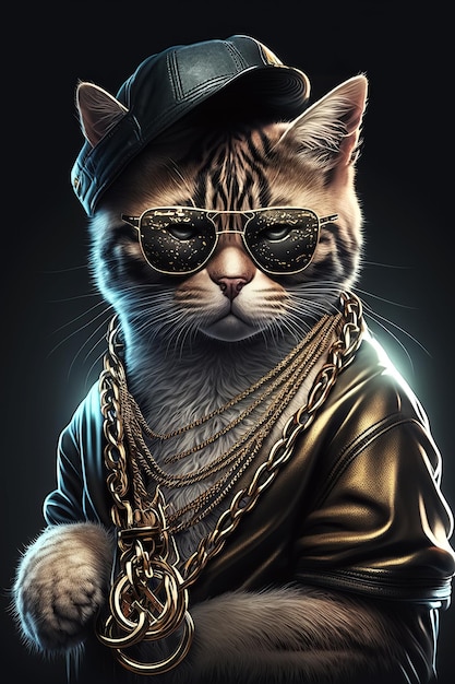 Gato gangsta rapper em óculos de sol e correntes de ouro Conceito de vida de bandido Ilustração generativa de IA