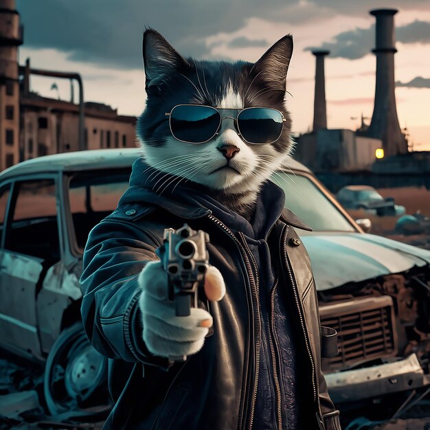 Foto gato gangster usando óculos de sol pretos e uma pistola de casaco de couro na mão