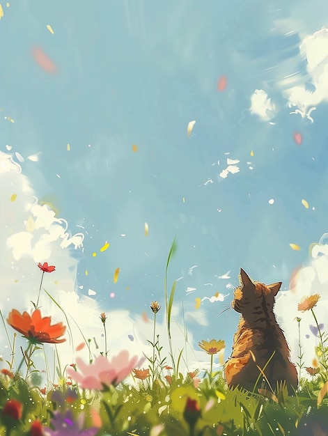 gato gatinho sentado flores de campo fundo do céu rasgando manga colorido final parecendo ensolarado