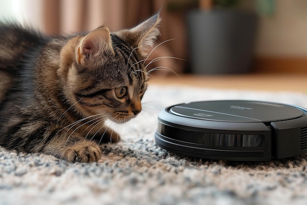 gato gatito gris juega con un robot aspirador de trabajo en un cuarto de primer plano