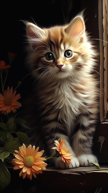 Gato gatito sentado en el alféizar de la ventana flores súper esponjoso aceite muy tímido expresión vulnerable
