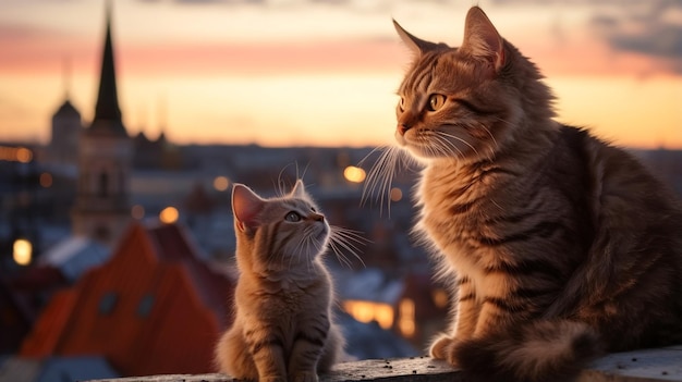 'Gato y gatito sentados en el techo de la casa al atardecer por la noche en la ciudad medieval