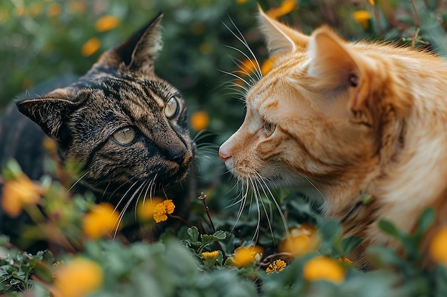 un gato y un gato se están mirando el uno al otro