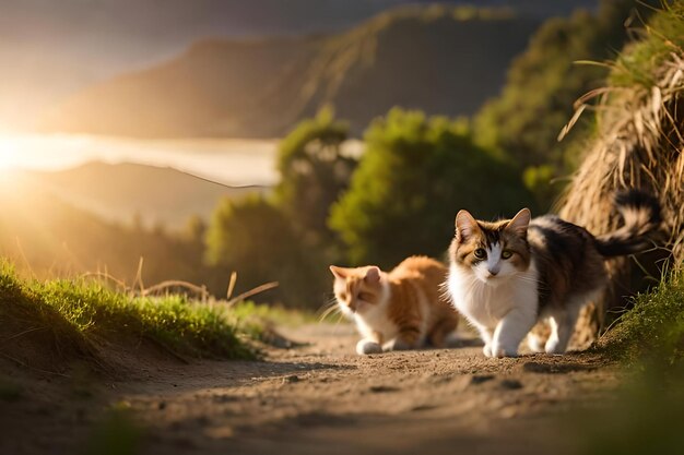 Foto un gato y un gato están sentados en un camino de tierra.