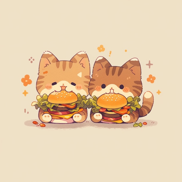 un gato gemelo con una hamburguesa