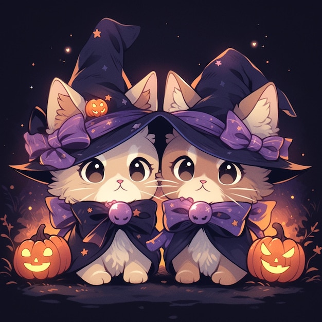 gato gêmeo fofo com halloween