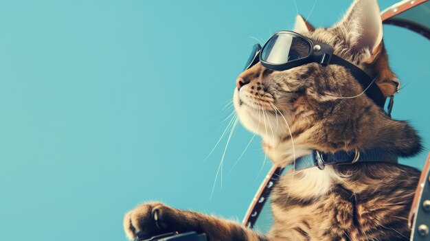 Gato genial con gafas de protección pilotos avión con cielo azul claro en el fondo
