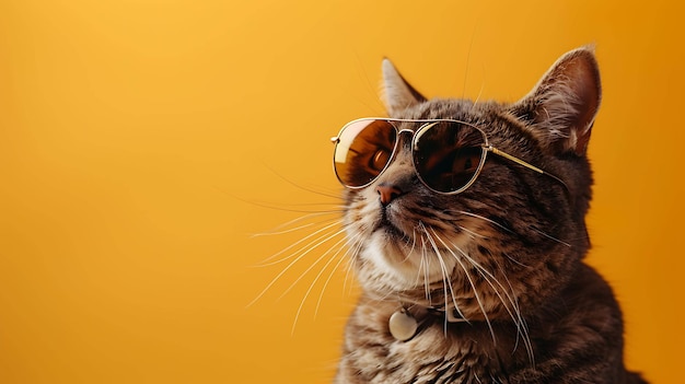 Gato genial con gafas de sol sobre un fondo amarillo