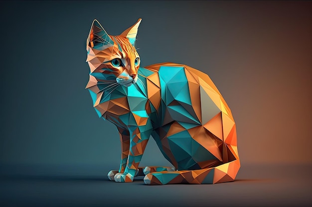 Gato geométrico laranja azul-petróleo realista anamorfo de alto detalhe