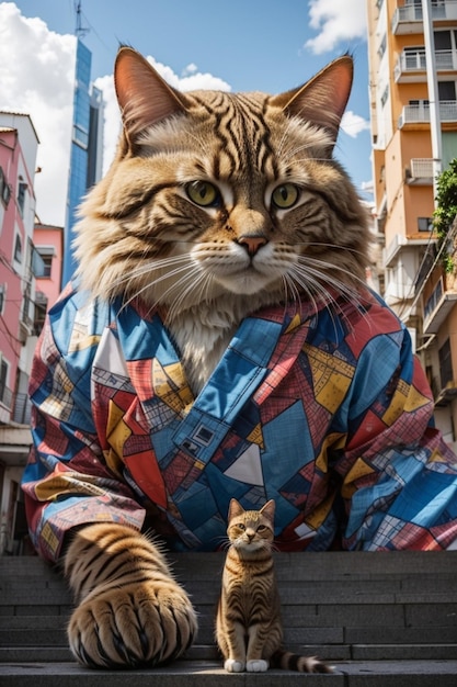 Foto gato gigante sentado em uma cidade