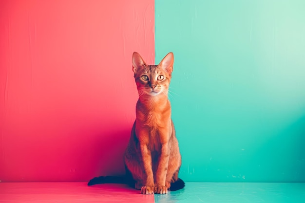 Gato Ginger elegante sentado contra rosa vibrante e azul azul fundo gradiente animal de estimação minimalista