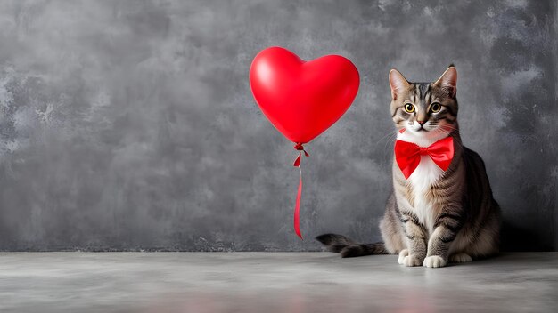 un gato con un globo en forma de corazón rojo que dice una cita de un gato