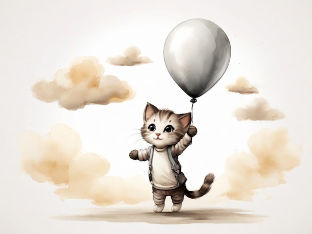 Gato con globos en el cielo ilustración para niños en fondo blanco