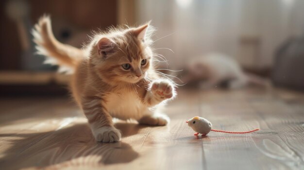 Foto gato gordo batendo brincando em um rato de brinquedo mostrando seu lado brincalhão apesar de seu tamanho