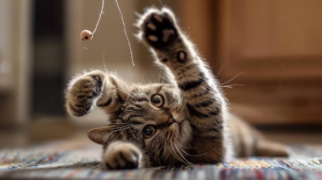 Foto gato gordo batendo brincando em um rato de brinquedo mostrando seu lado brincalhão apesar de seu tamanho