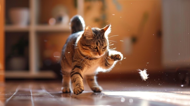 Foto gato gordo brincando de perseguir um brinquedo de penas mostrando sua agilidade apesar de seu tamanho