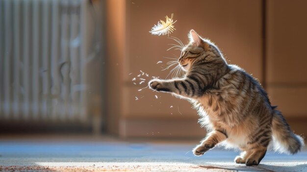 Foto gato gordo brincando de perseguir um brinquedo de penas mostrando sua agilidade apesar de seu tamanho