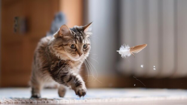 Foto gato gordo brincando de perseguir um brinquedo de penas mostrando sua agilidade apesar de seu tamanho