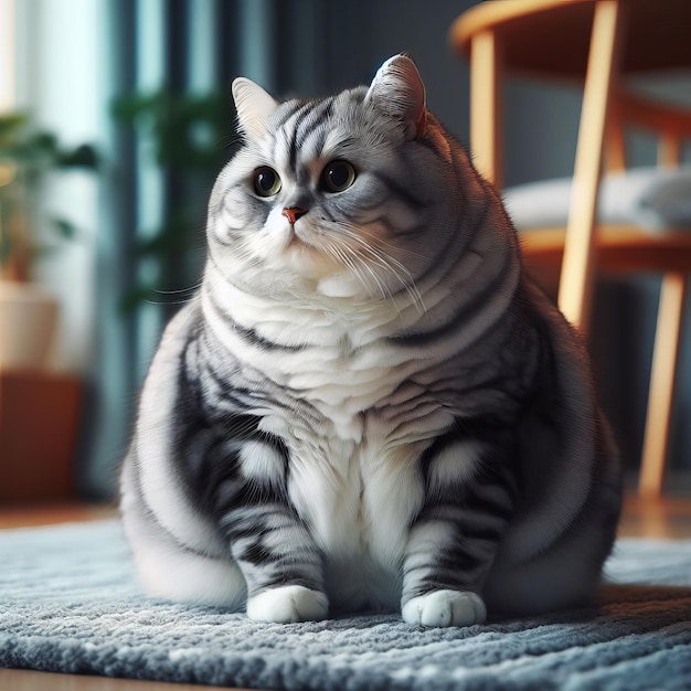 Gato gordo cinza e branco com olhos amarelos impressionantes sentado em um tapete com uma cadeira no fundo