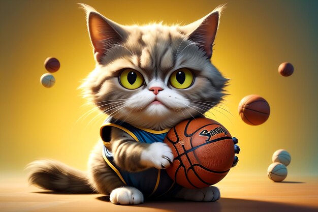 Foto un gato gordo va a los deportes juega al baloncesto