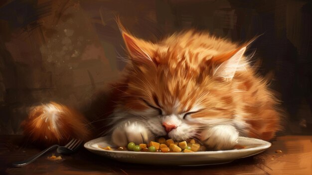 Foto un gato gordo disfrutando de una comida abundante su pelaje esponjoso acentuando su adorable redondez