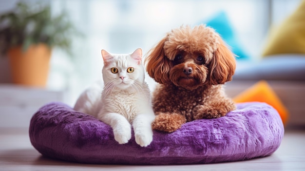 Gato gordo e poodle deitados juntos em uma cama de cachorro