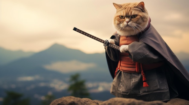 gato gordo engraçado vestindo uniformes de samurai desfocado fundo Fuji montain japão AI Generative