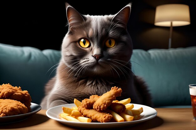 Foto el gato gordo es glotón y come mucha comida chatarra.