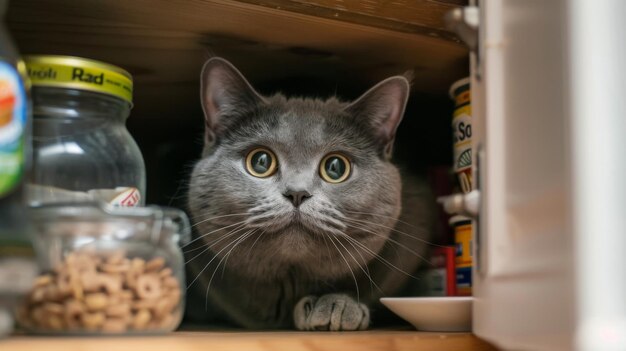 Un gato gordo con una expresión culpable atrapado en el acto de asaltar la despensa