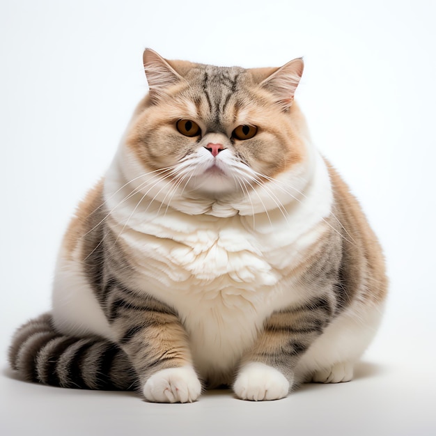 un gato gordo y lindo en un fondo blanco