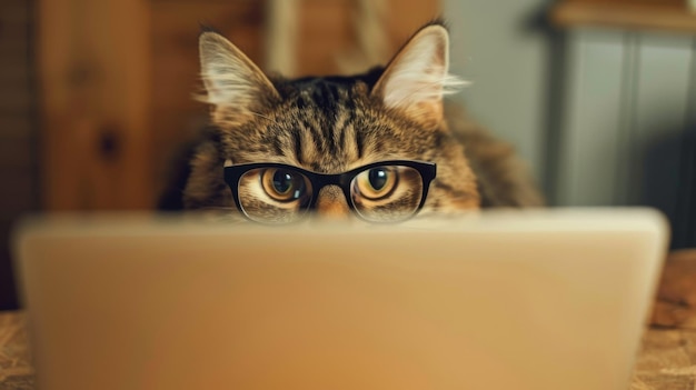 Gato gordo y lindo con gafas mirando por detrás de una computadora portátil listo para ayudar con el trabajo o las sesiones de estudio