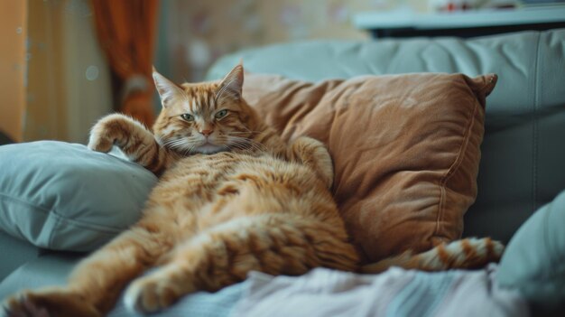Un gato gordo perezoso sentado con un gesto gracioso en el cómodo sofá animales domésticos
