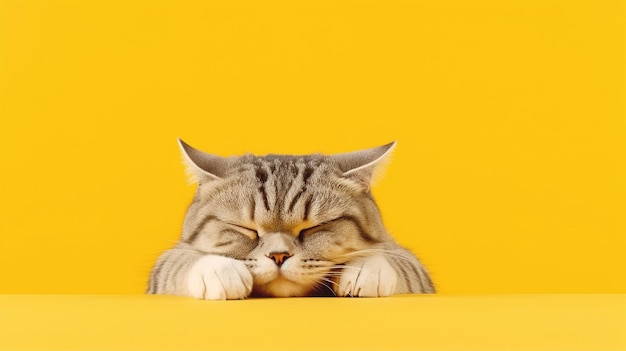 Gato gordo preguiçoso dorme em um espaço de cópia de banner de fundo amarelo