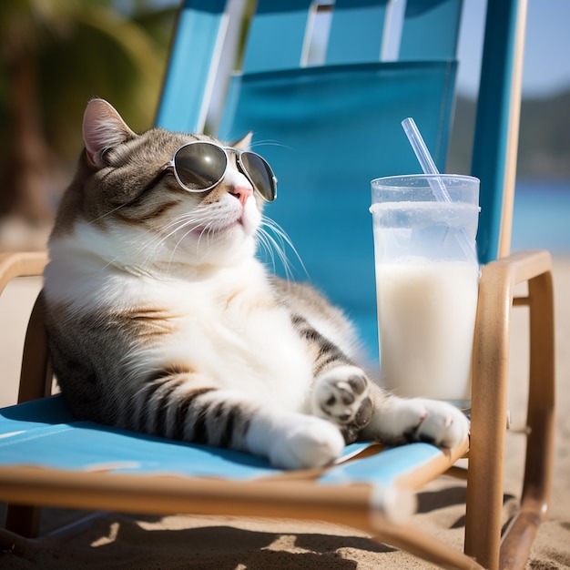 Gato gordo en sillón de sol en gafas de sol con un vaso de leche contra el fondo de la playa y el mar