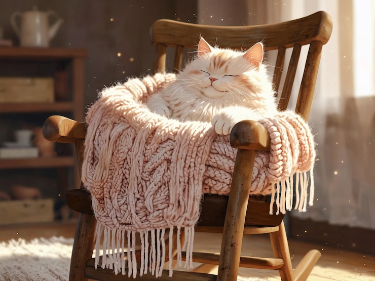 gato gordo con suave y se sienta erguido en una silla de balanceo de madera rústica