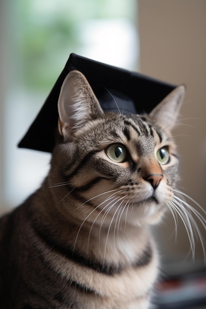 Un gato con una gorra negra en la cabeza.