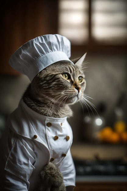 Un gato con gorro de chef se para frente a un mostrador.