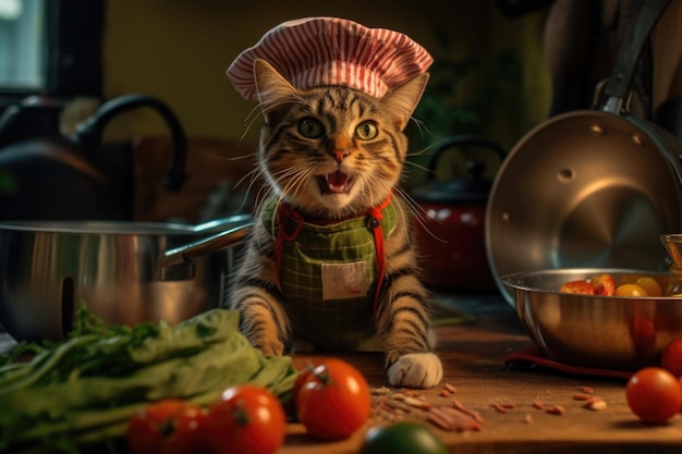 Gato con gorro de chef en miniatura y delantal intentando cocinar verduras con expresiones cómicas