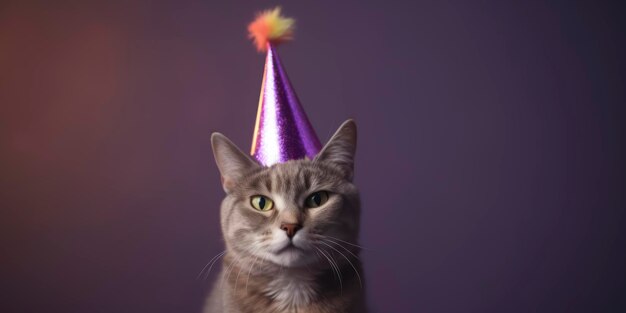 Foto un gato con gorro de fiesta mira a la cámara.