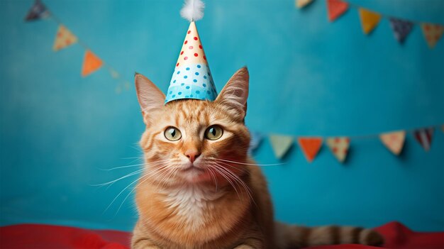 Un gato con gorro de fiesta