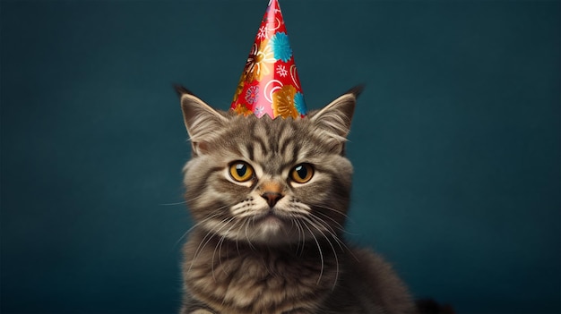 Un gato con gorro de fiesta