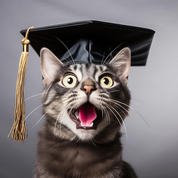 Gato con gorro de graduación con expresiones divertidas.