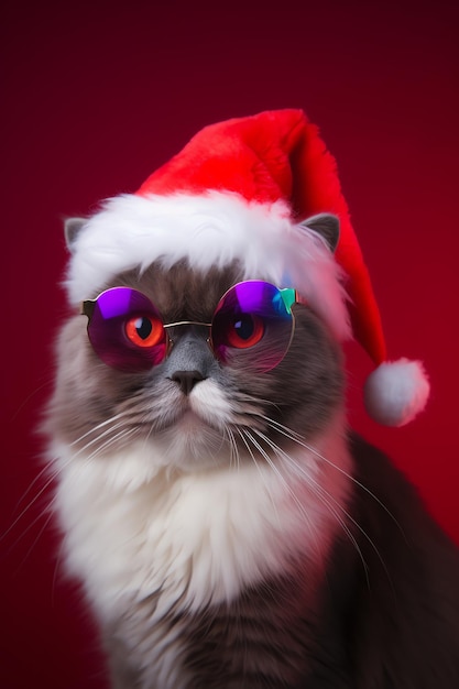 Un gato con gorro de Papá Noel y gafas de sol.