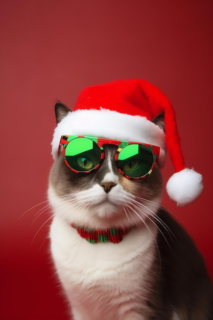 Un gato con gorro de Papá Noel y gafas de sol.