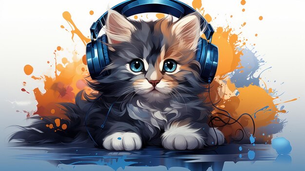 gato gracioso en auriculares es dibujado con pinturas multicolores generación de IA