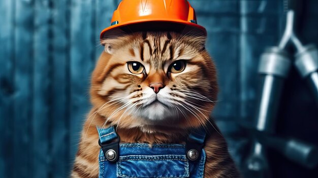 Gato gracioso en un casco de construcción