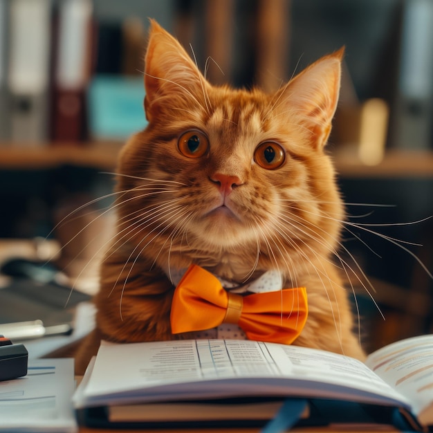 Foto gato gracioso con corbata naranja contable masculino o gerente de la compañía trabaja en una oficina