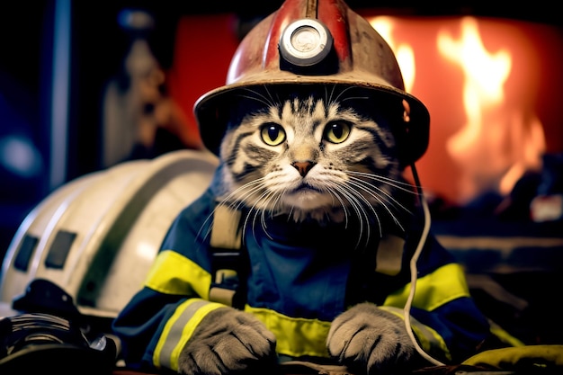 Foto gato gracioso es bombero bombero exitoso que usa casco en el trabajo gato vestido como bombero completo con casco y uniforme listo para la acción valentía heroísmo y determinación